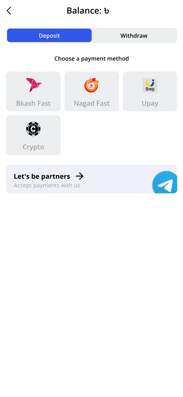 Add funds to Glory Casino using crypto or local banking options.